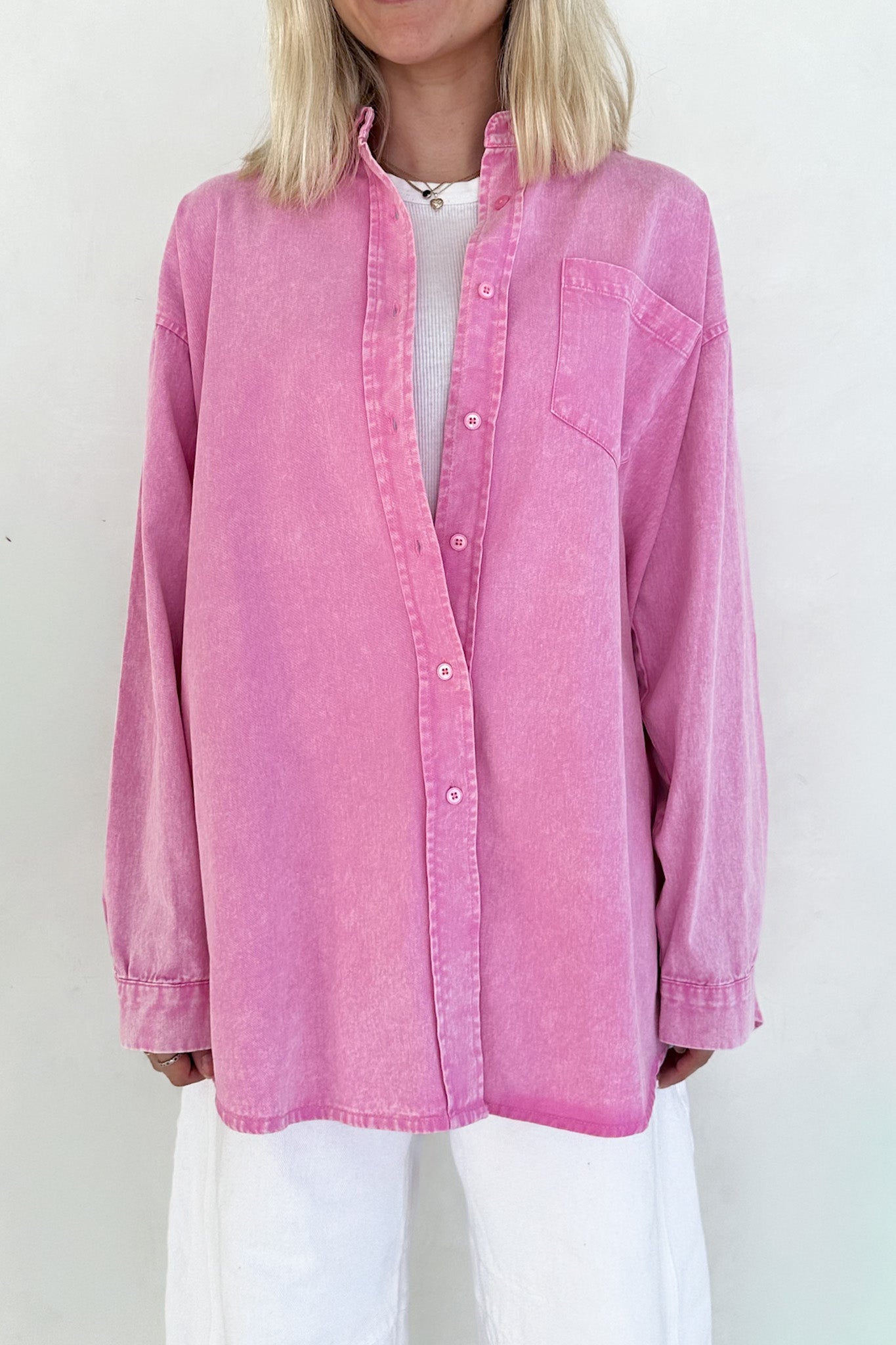 Sloan Pigment Washed Oversized Denim Shirt in Pink - Neutral Ground