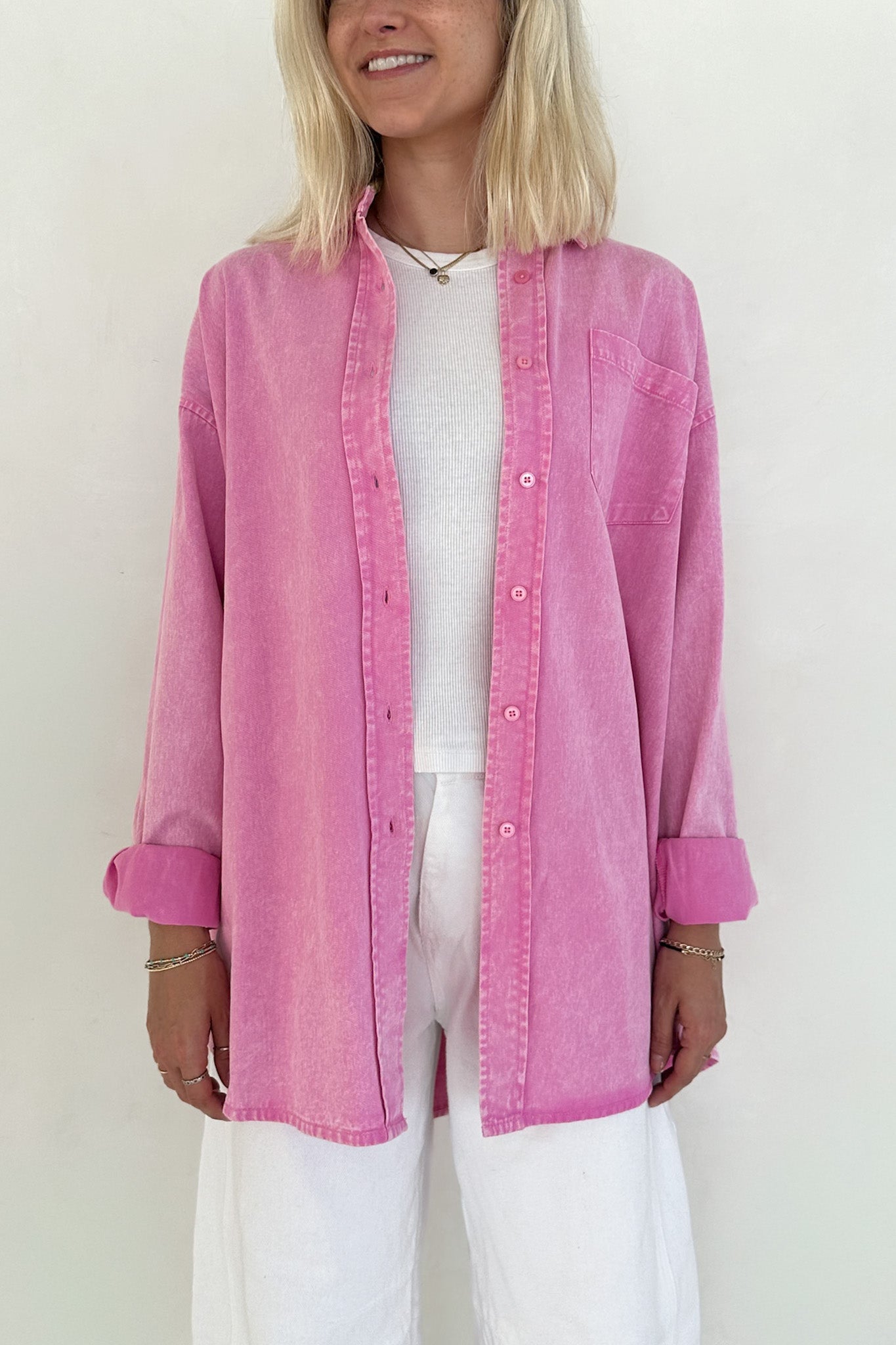 Sloan Pigment Washed Oversized Denim Shirt in Pink - Neutral Ground