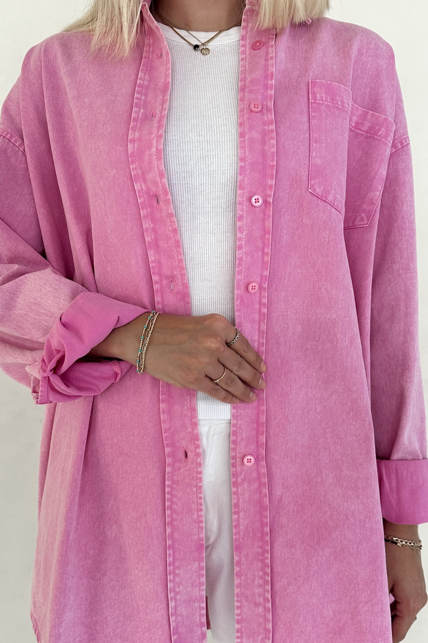 Sloan Pigment Washed Oversized Denim Shirt in Pink - Neutral Ground