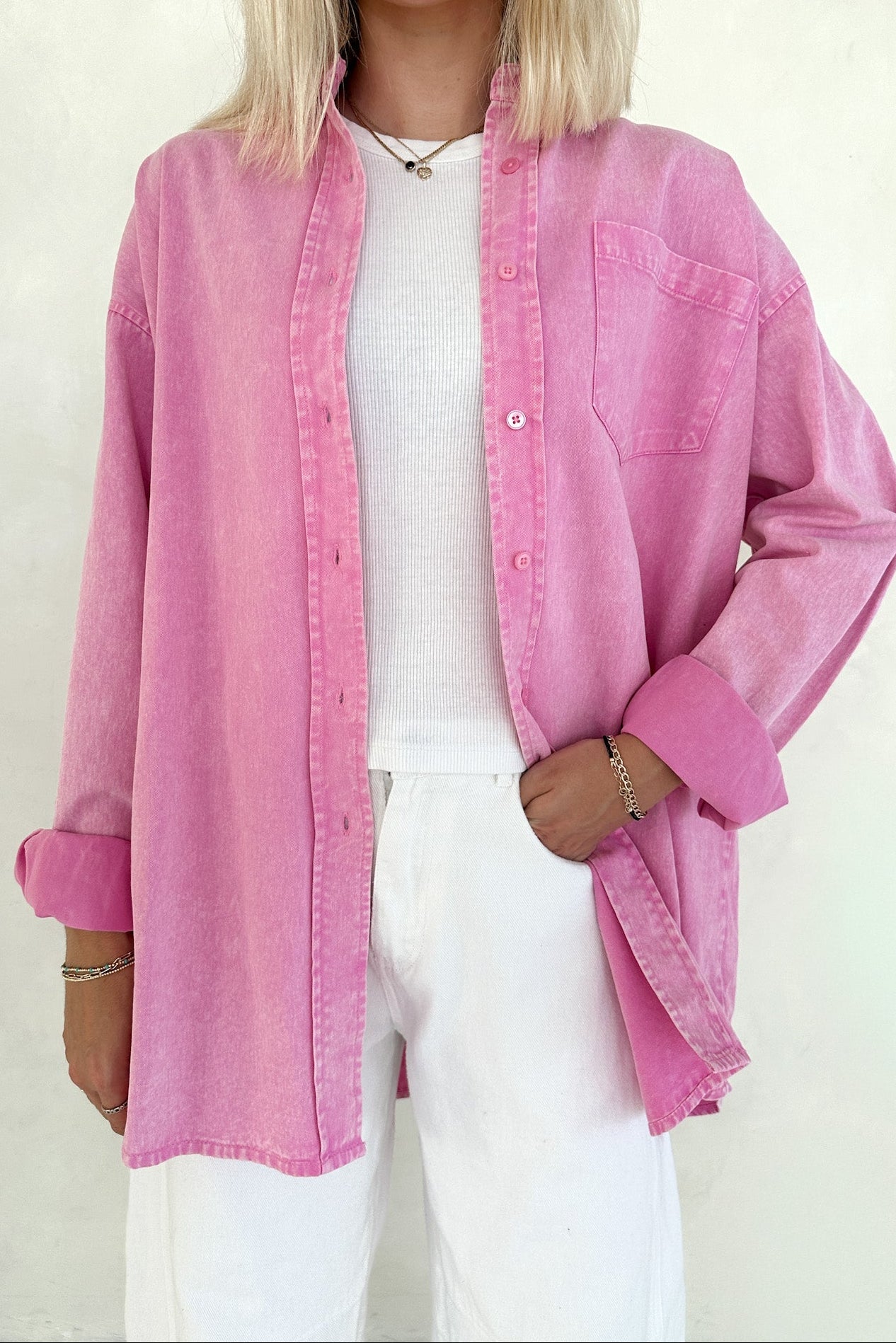 Sloan Pigment Washed Oversized Denim Shirt in Pink - Neutral Ground