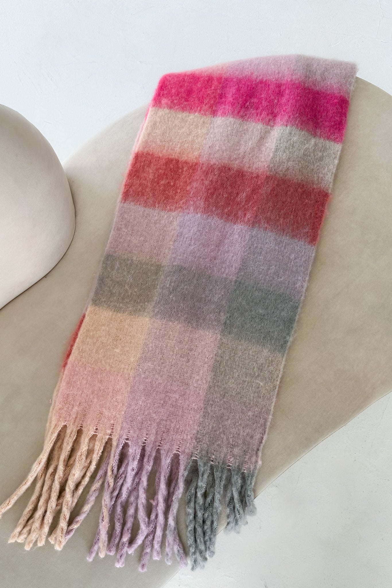 Snow Day Brushed Plaid Scarf in Pink - Neutral Ground