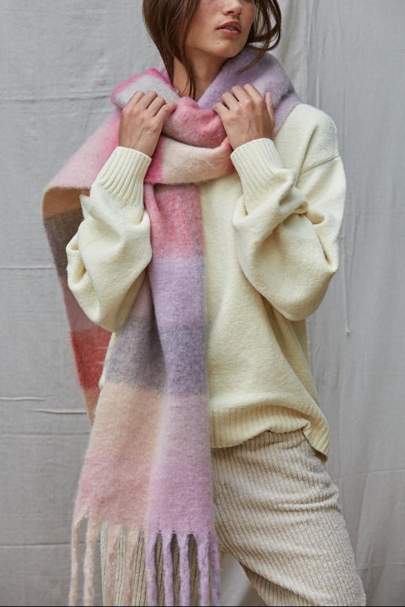 Snow Day Brushed Plaid Scarf in Pink - Neutral Ground