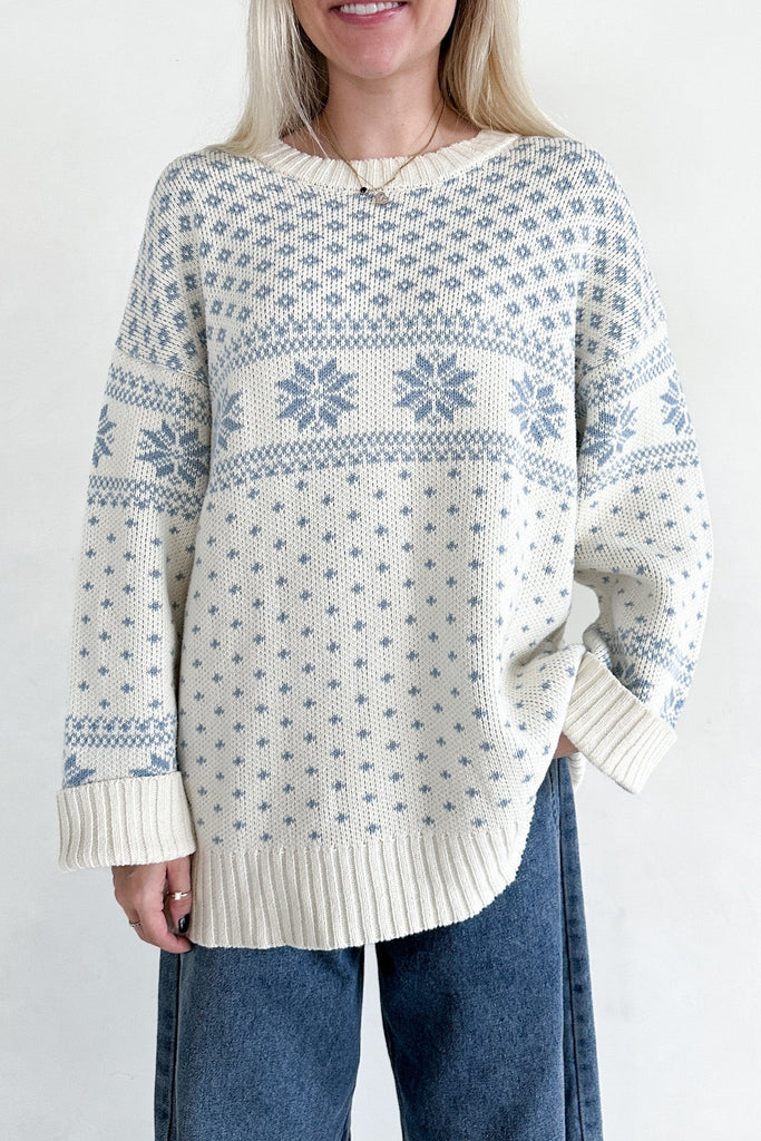 Snow Days Jacquard Knit Sweater in Dusty Blue - Neutral Ground