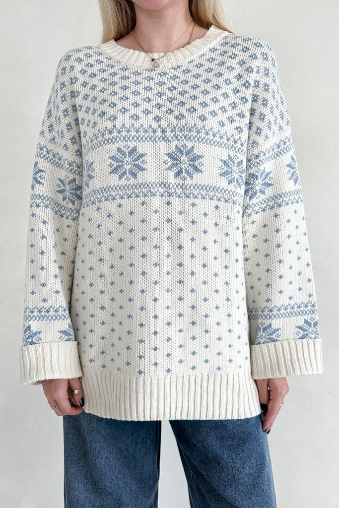 Snow Days Jacquard Knit Sweater in Dusty Blue - Neutral Ground