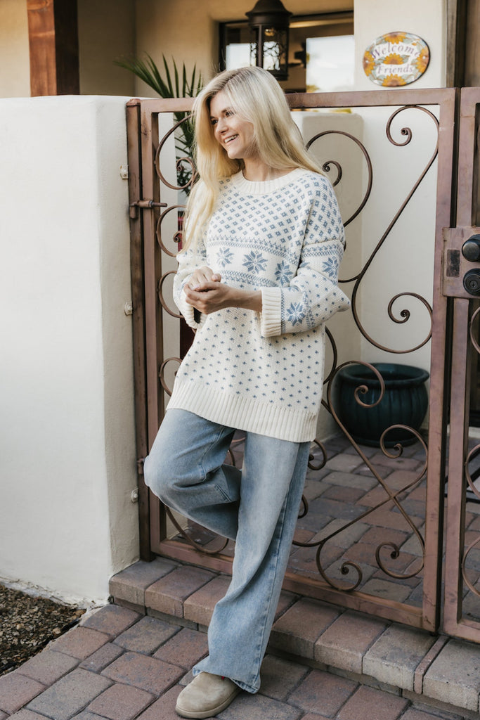 Snow Days Jacquard Knit Sweater in Dusty Blue - Neutral Ground