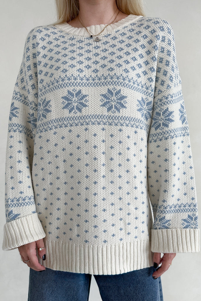 Snow Days Jacquard Knit Sweater in Dusty Blue - Neutral Ground
