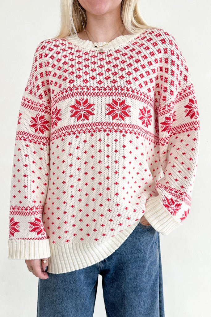 Snow Days Jacquard Knit Sweater in Red - Neutral Ground