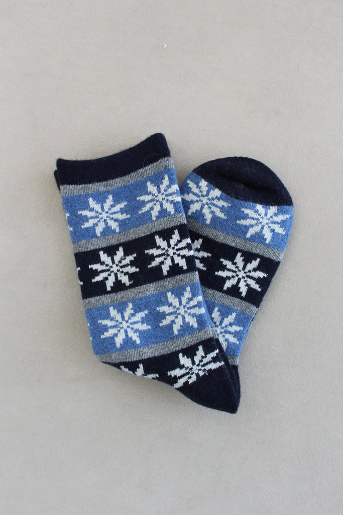Snowflake Faire Isle Cashmere Blend Crew Socks in Navy - Neutral Ground