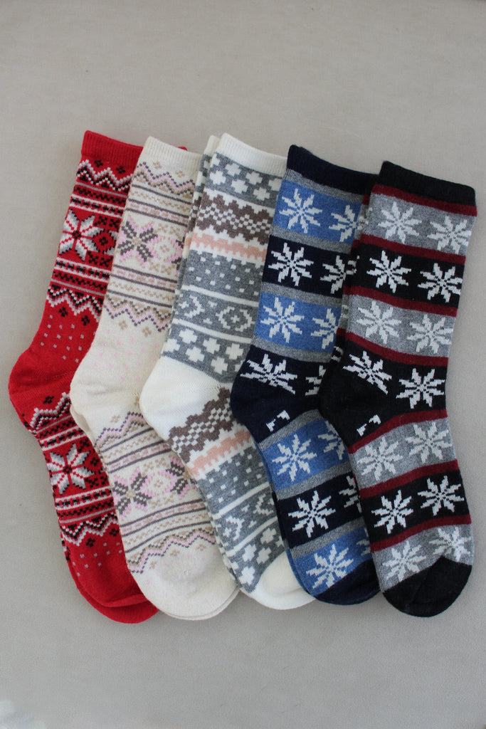 Snowflake Faire Isle Cashmere Blend Crew Socks in Navy - Neutral Ground