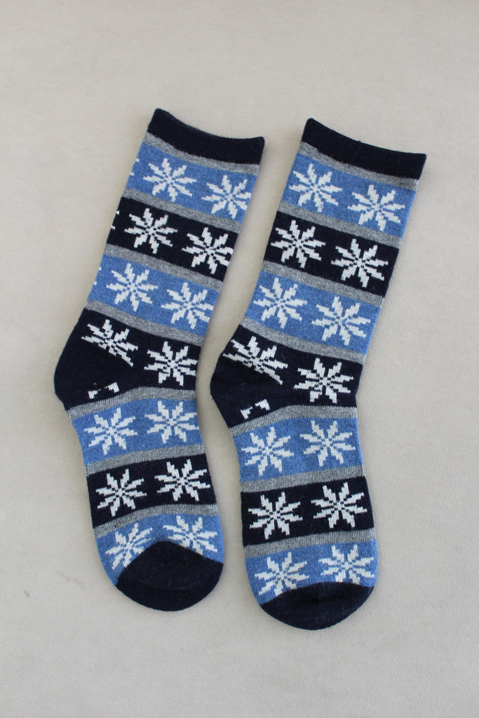 Snowflake Faire Isle Cashmere Blend Crew Socks in Navy - Neutral Ground
