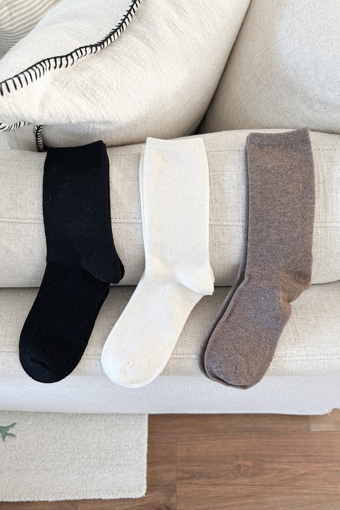 Solid Cashmere Blend Crew Socks in Mocha - Neutral Ground