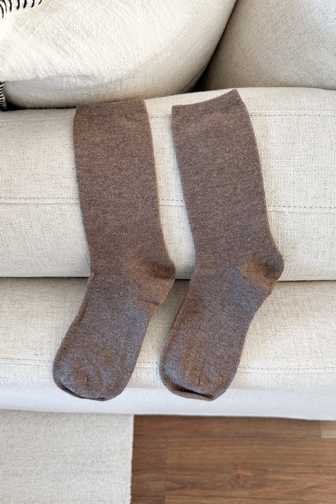 Solid Cashmere Blend Crew Socks in Mocha - Neutral Ground