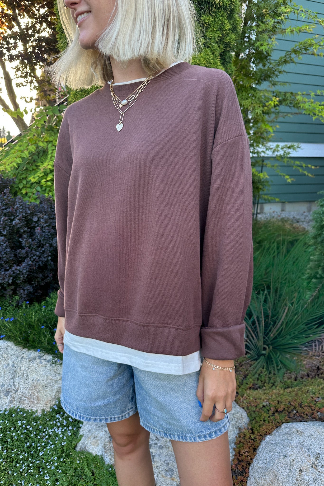 Sophie Crew Twofer Pullover in Chocolate - Neutral Ground