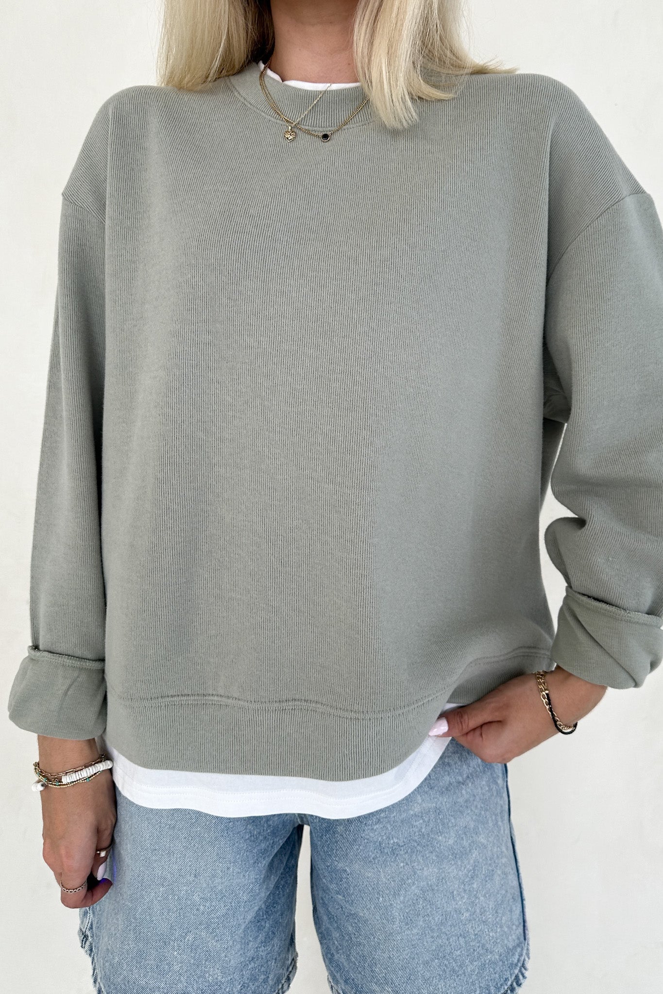 Sophie Crew Twofer Pullover in Sage - Neutral Ground
