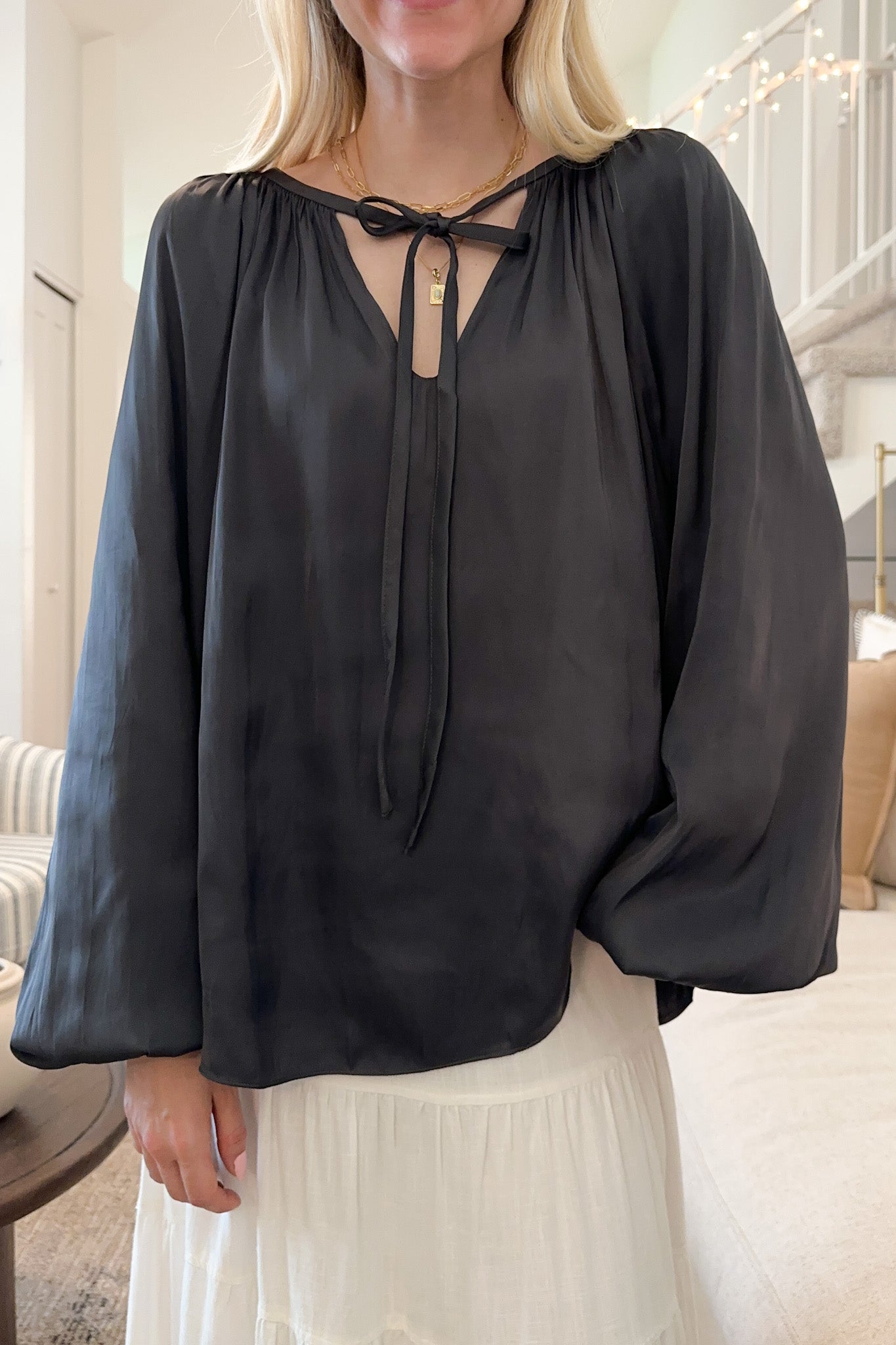 St. Maritz Satin Blouse in Charcoal - Neutral Ground