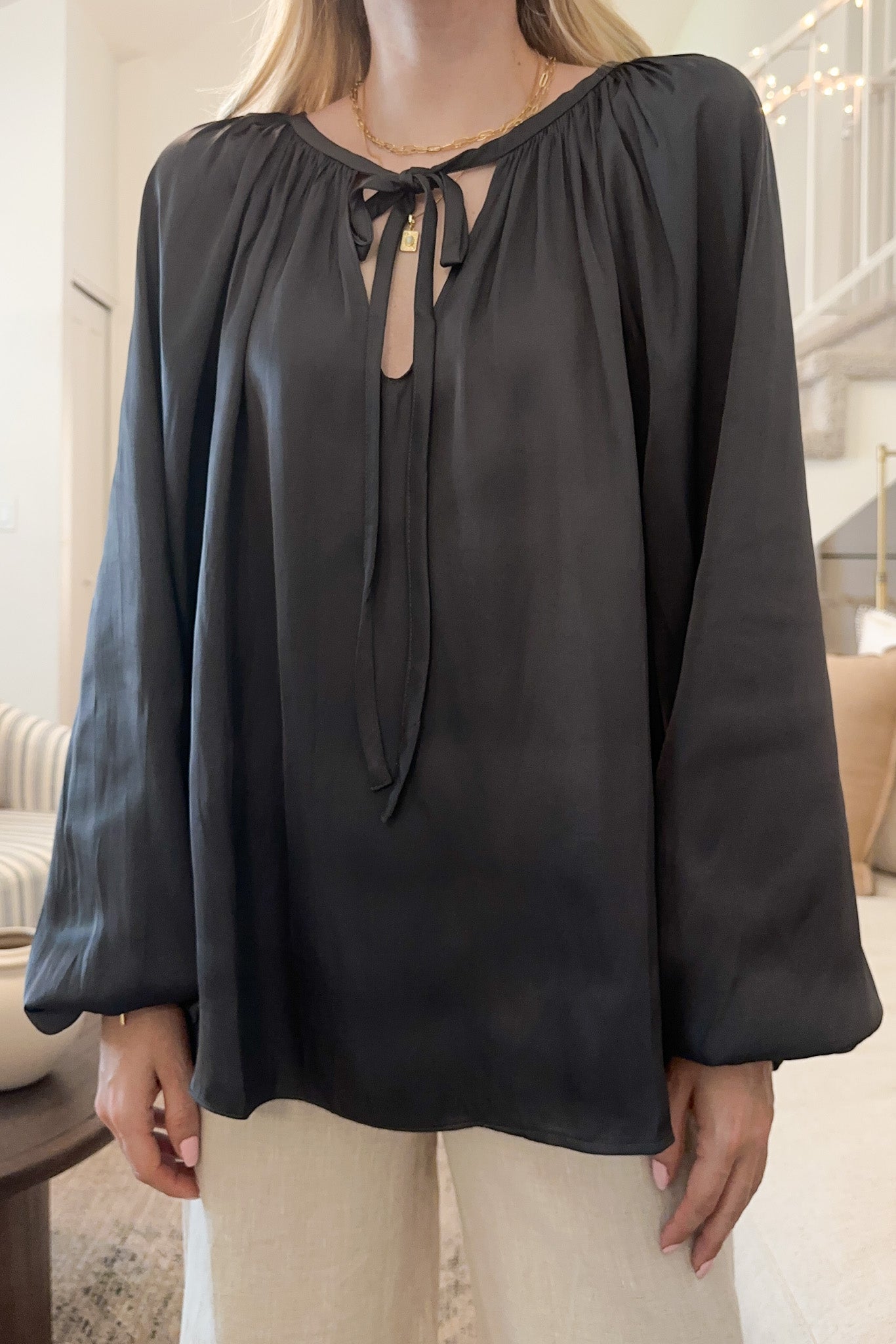 St. Maritz Satin Blouse in Charcoal - Neutral Ground