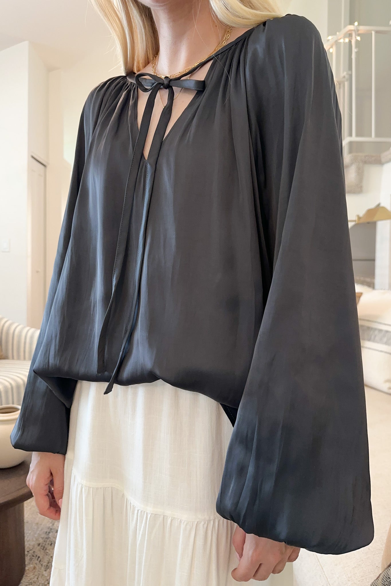 St. Maritz Satin Blouse in Charcoal - Neutral Ground
