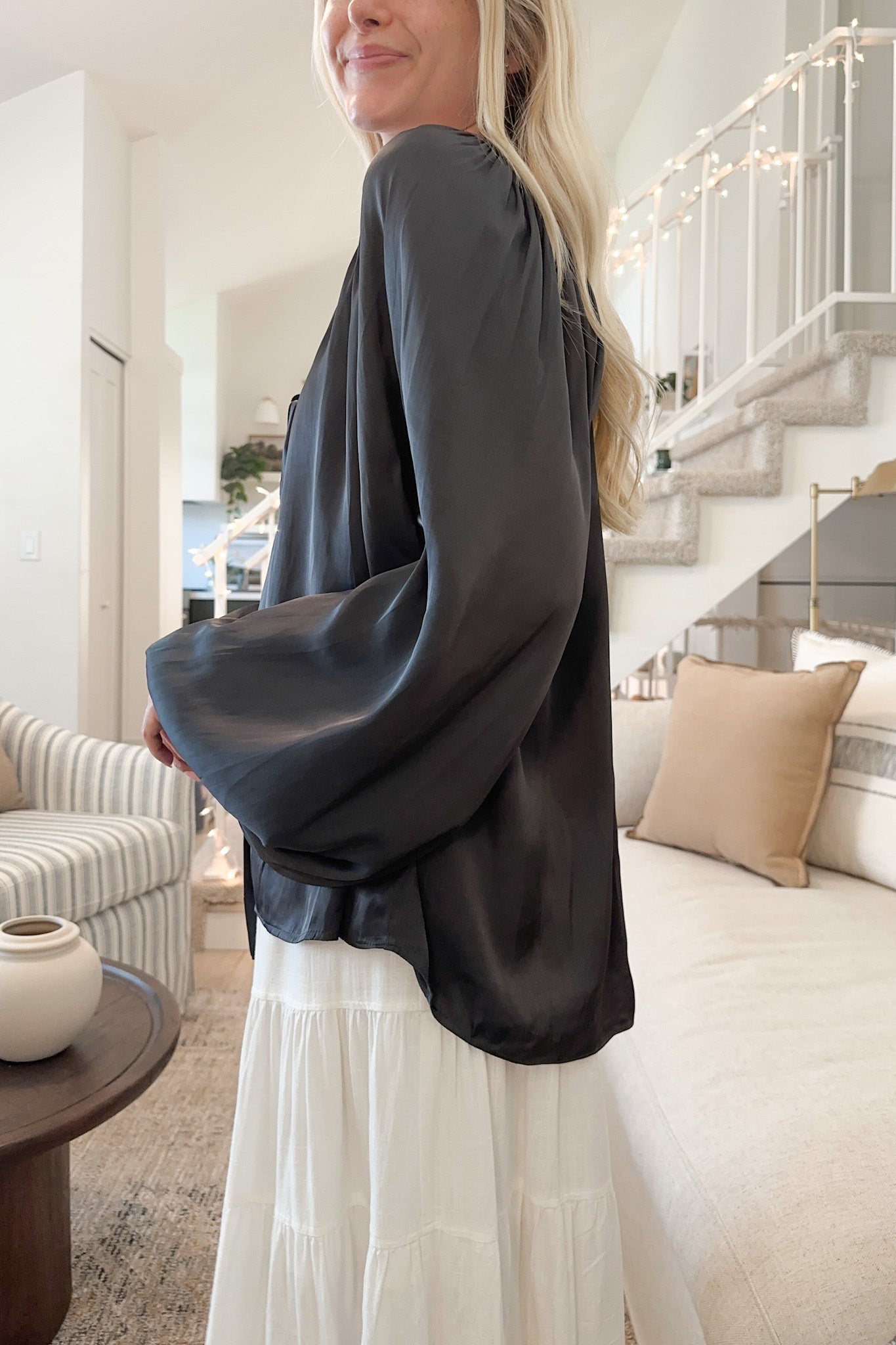 St. Maritz Satin Blouse in Charcoal - Neutral Ground