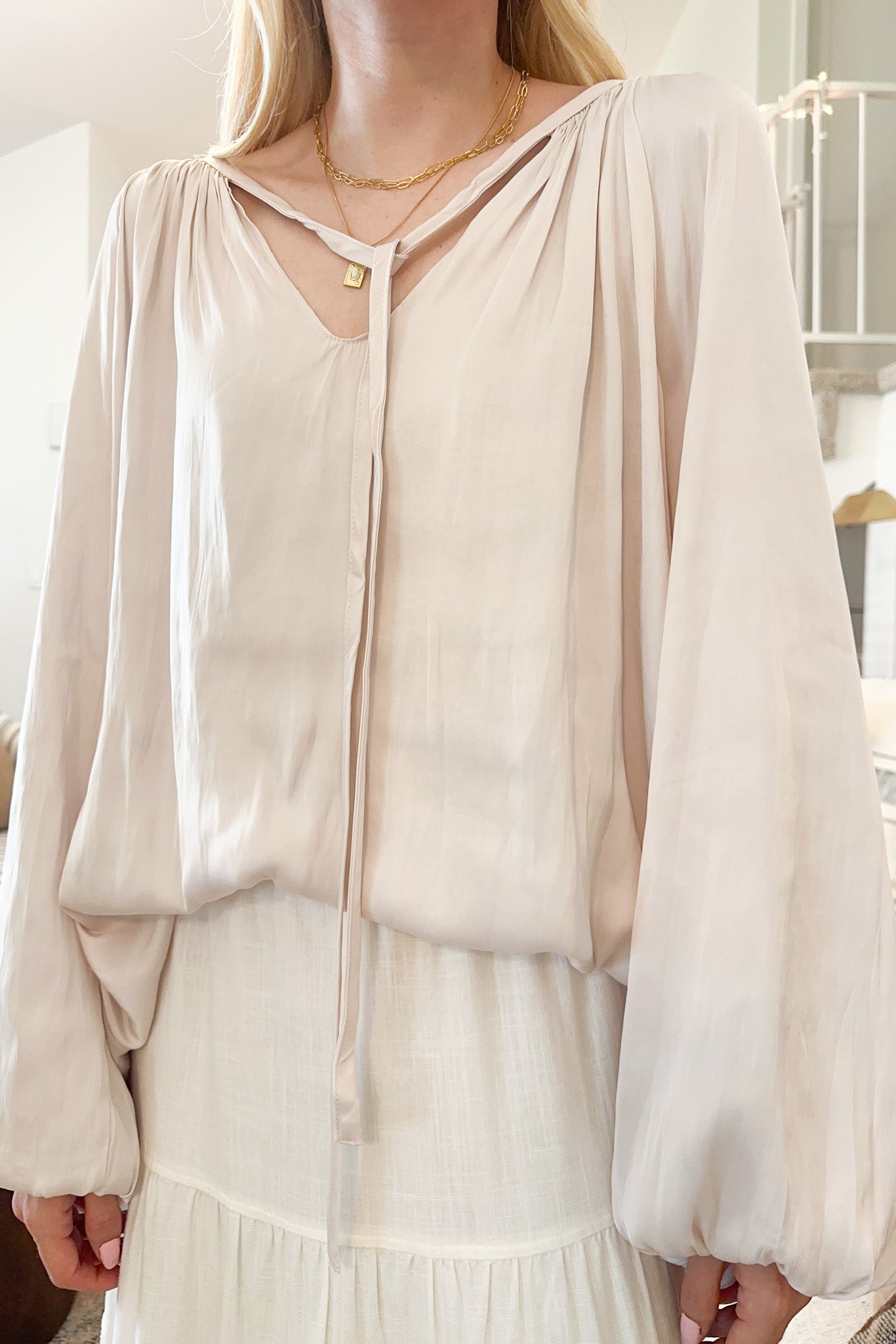 St. Maritz Satin Blouse in Pearl - Neutral Ground