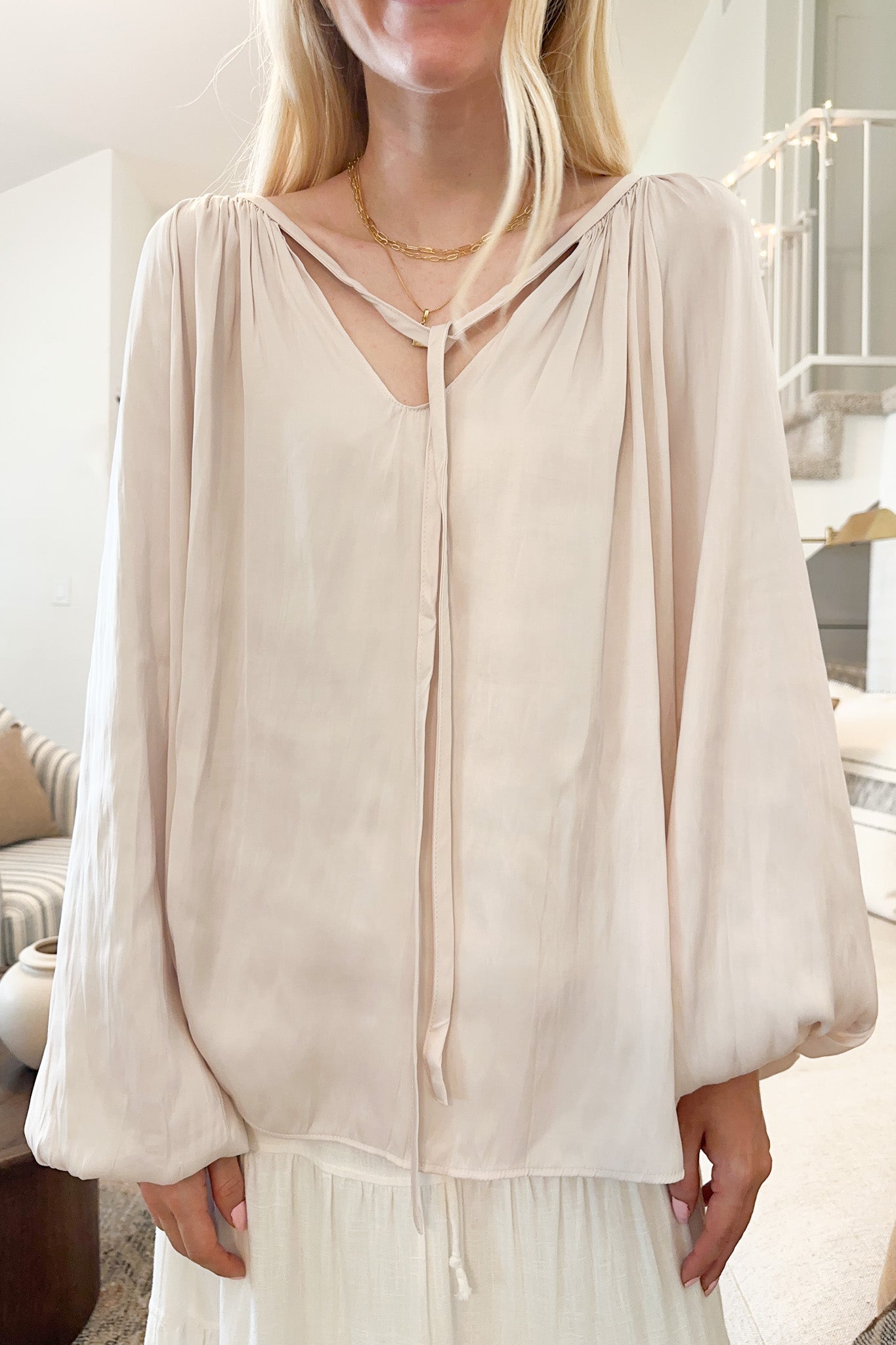 St. Maritz Satin Blouse in Pearl - Neutral Ground