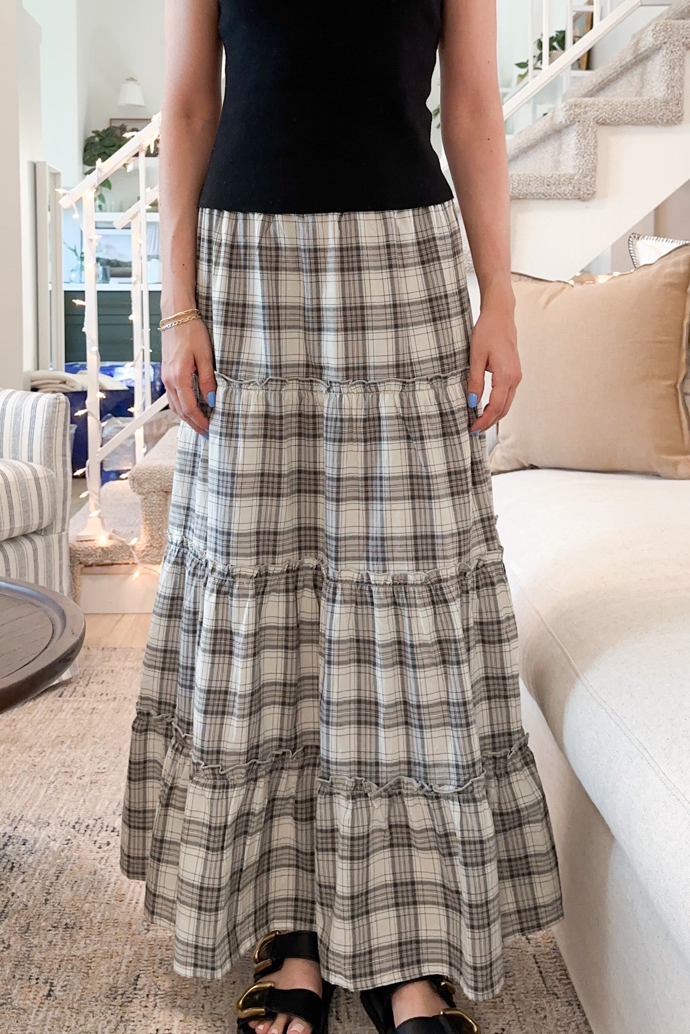 Stowe Plaid Tiered Maxi Skirt l Neutral Ground