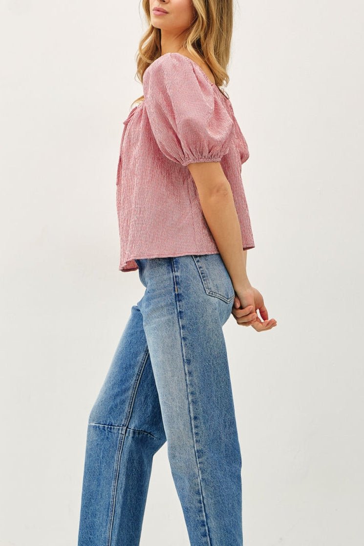 Strawberry Fields Puff Sleeve Gingham Top - Neutral Ground