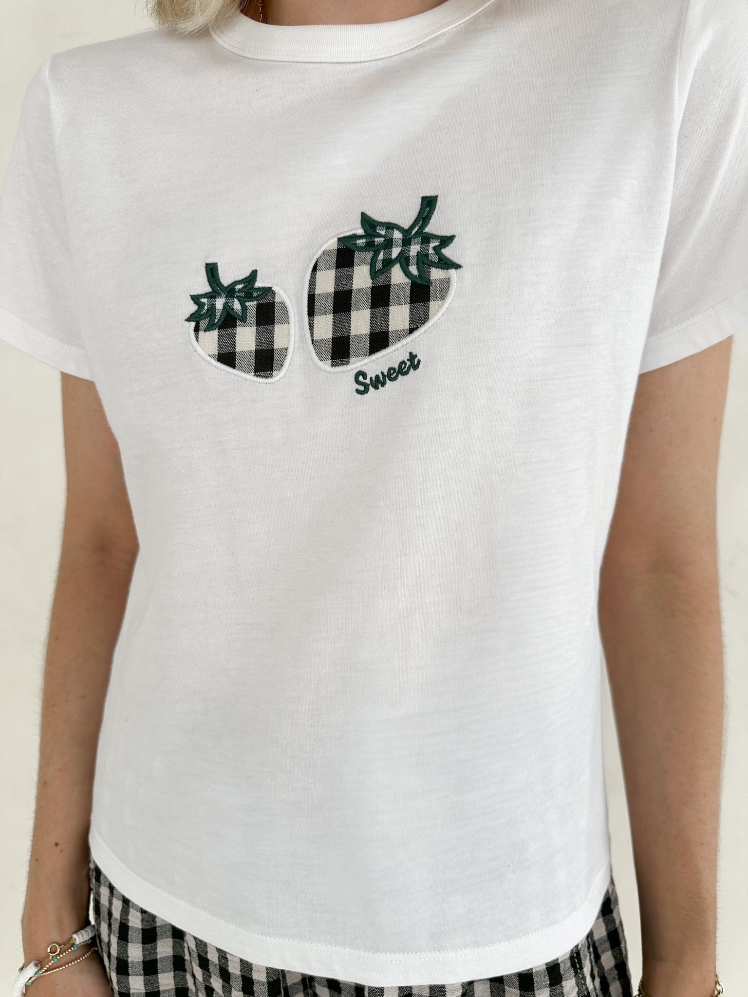 Strawberry Patch 100% Cotton Black and White Gingham T-Shirt - Neutral Ground