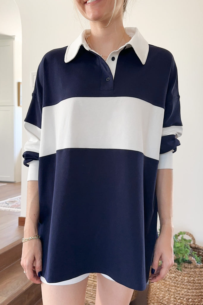 Stripe Rugby Polo Top & Biker Shorts Set in Navy - Neutral Ground