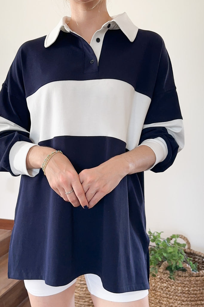 Stripe Rugby Polo Top & Biker Shorts Set in Navy - Neutral Ground
