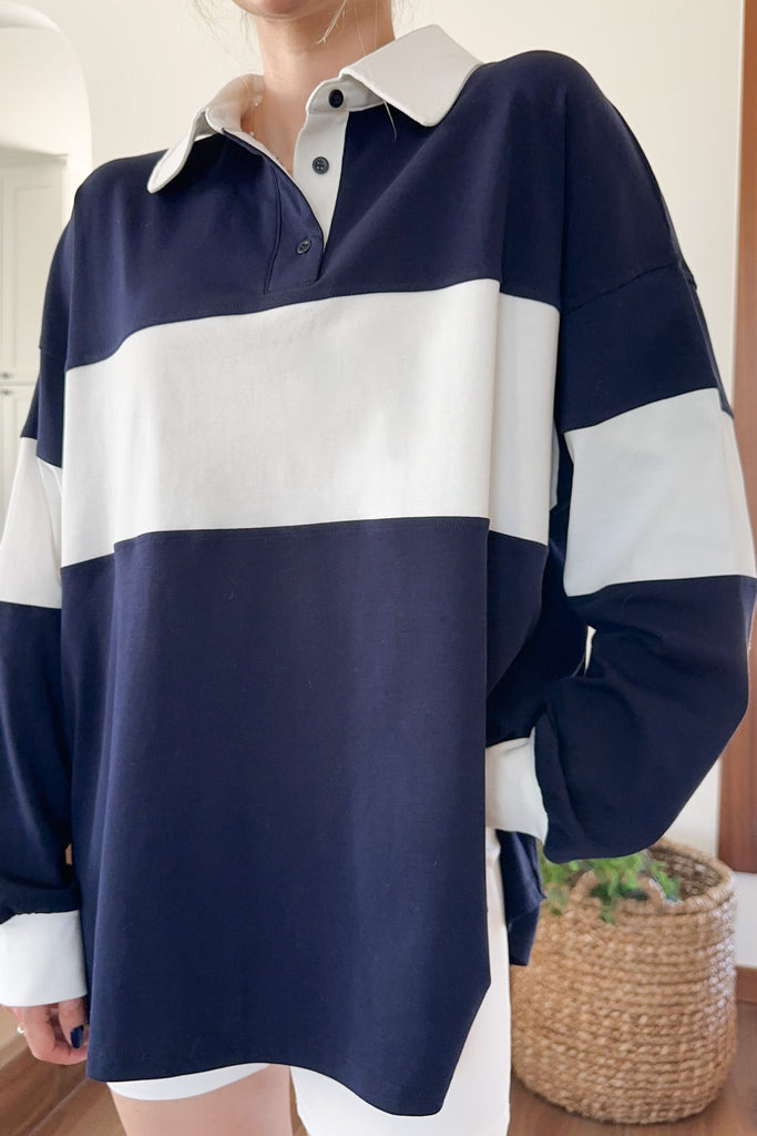 Stripe Rugby Polo Top & Biker Shorts Set in Navy - Neutral Ground
