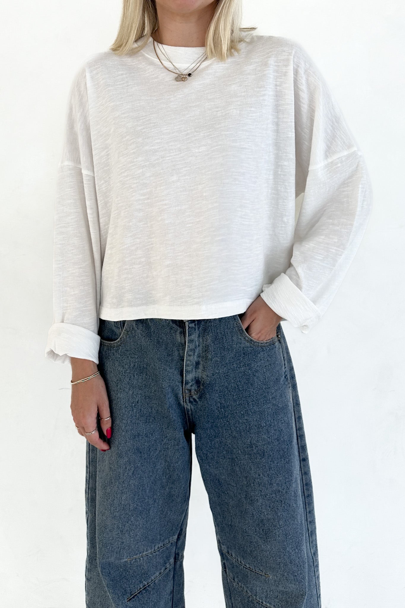 Studio Cropped Lightweight Long Sleeve Top in White - Neutral Ground