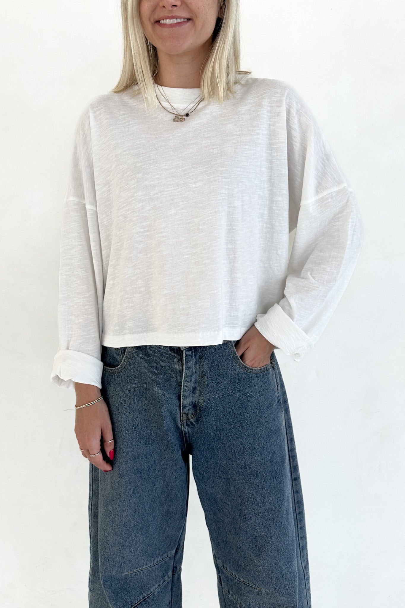 Studio Cropped Lightweight Long Sleeve Top in White - Neutral Ground