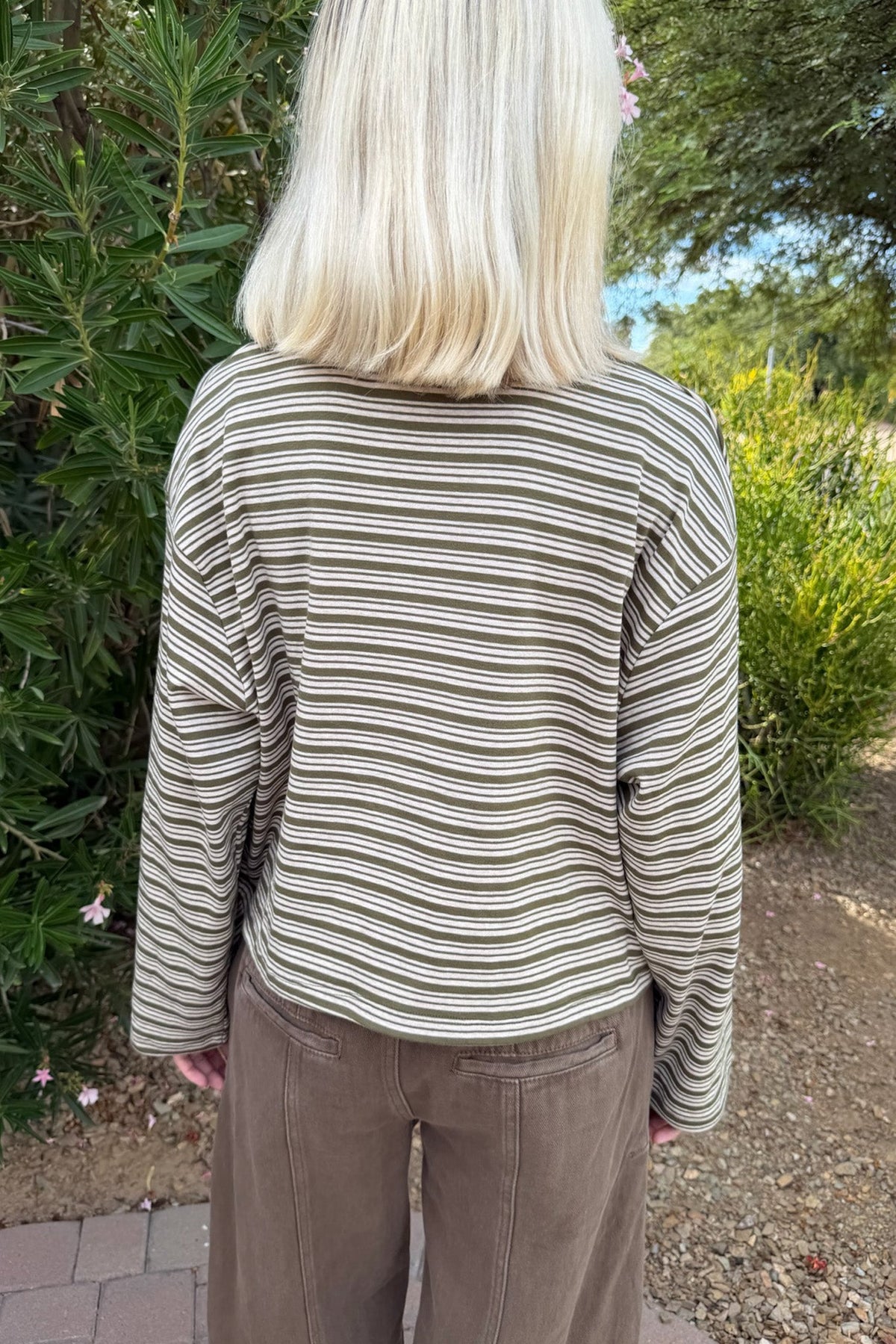 Studio Striped Lightweight Long Sleeve Top in Moss - Neutral Ground