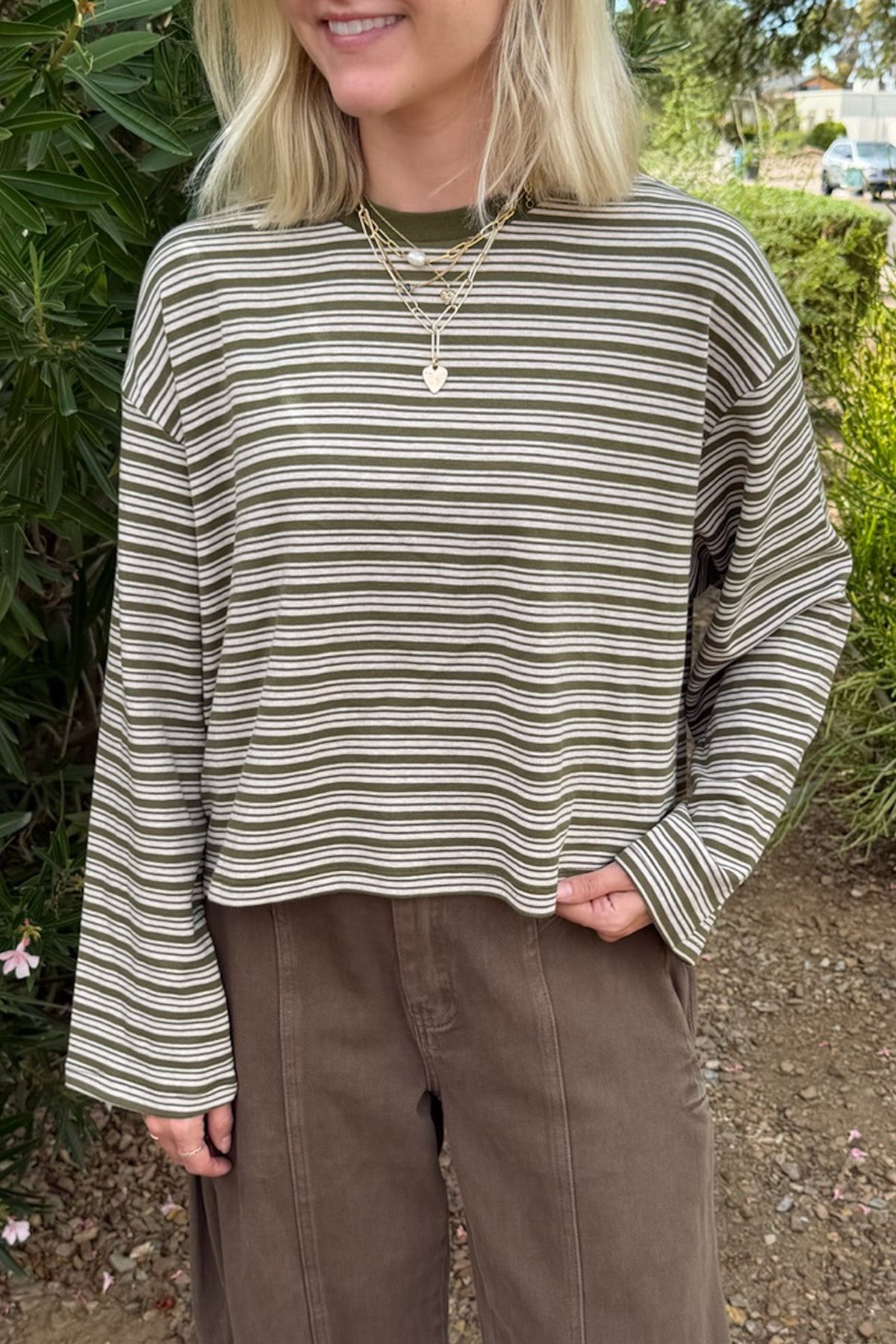 Studio Striped Lightweight Long Sleeve Top in Moss - Neutral Ground