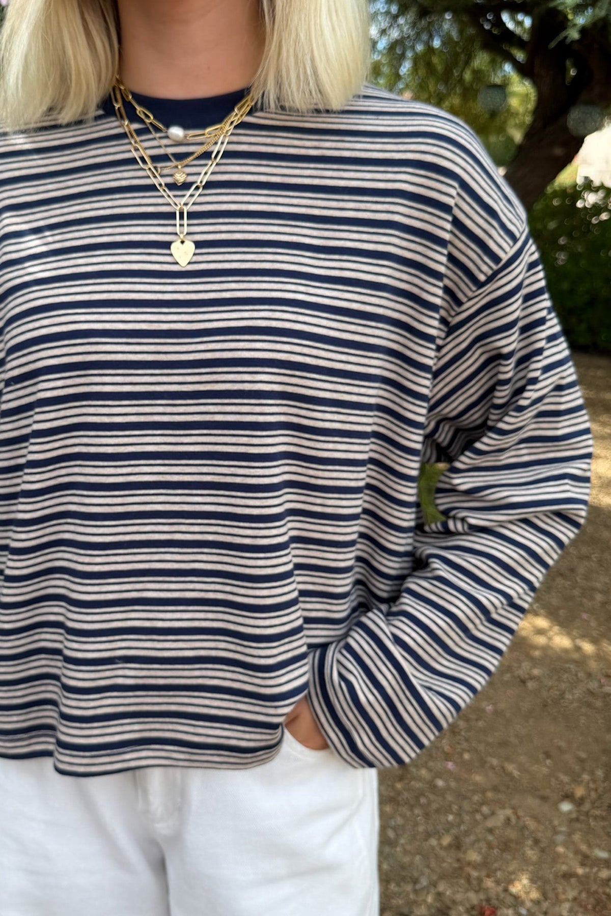 Studio Striped Lightweight Long Sleeve Top in Navy - Neutral Ground