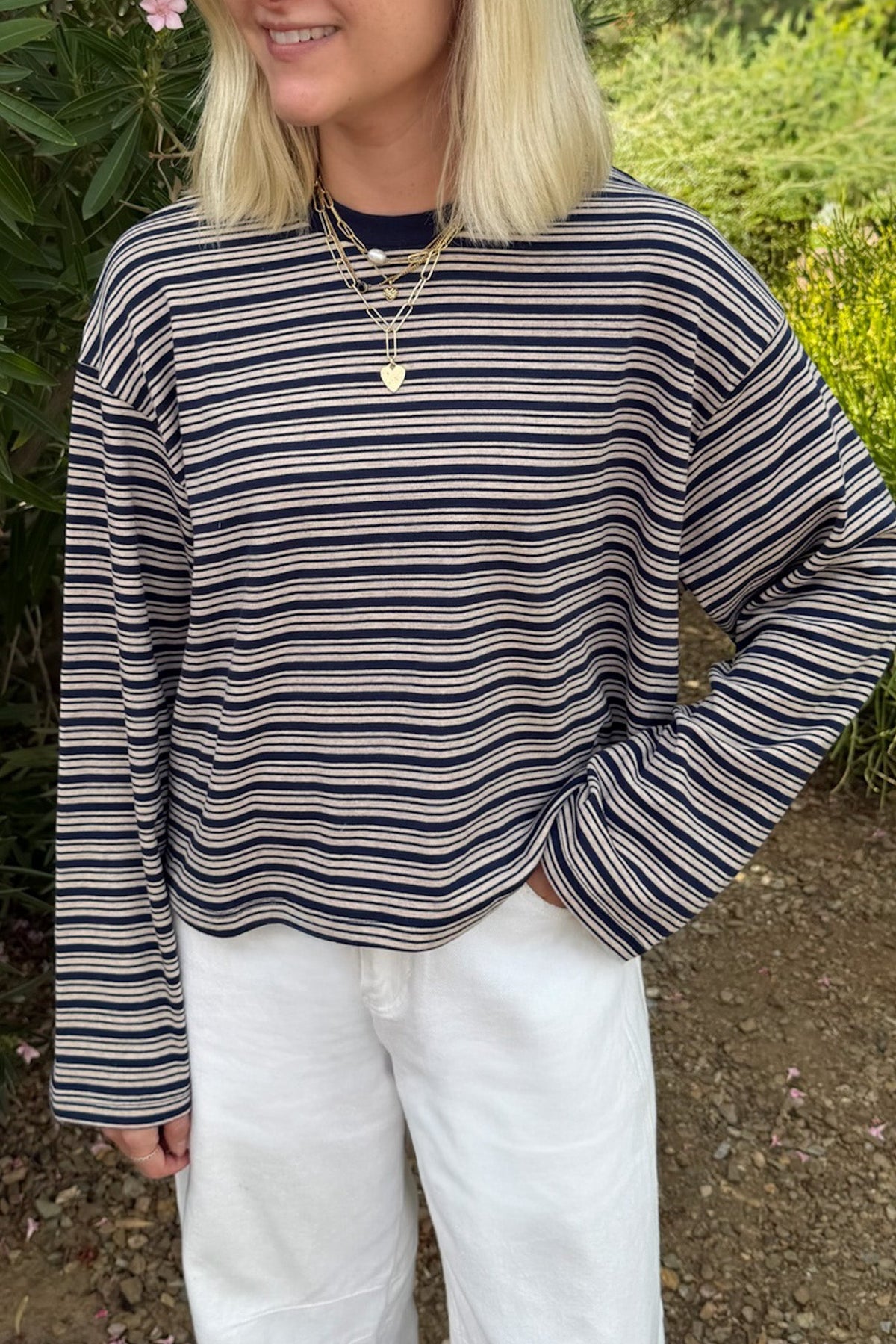 Studio Striped Lightweight Long Sleeve Top in Navy - Neutral Ground