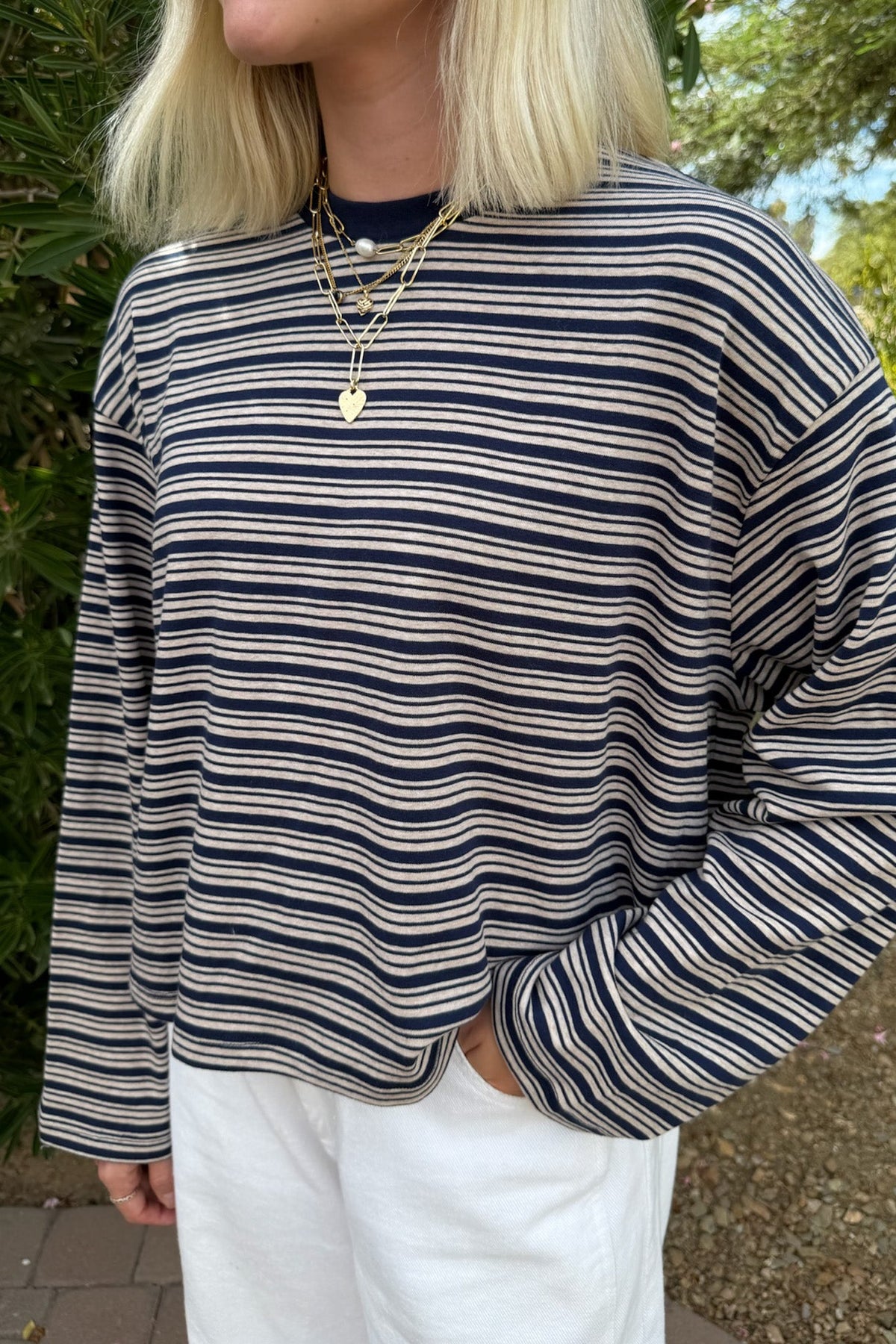 Studio Striped Lightweight Long Sleeve Top in Navy - Neutral Ground