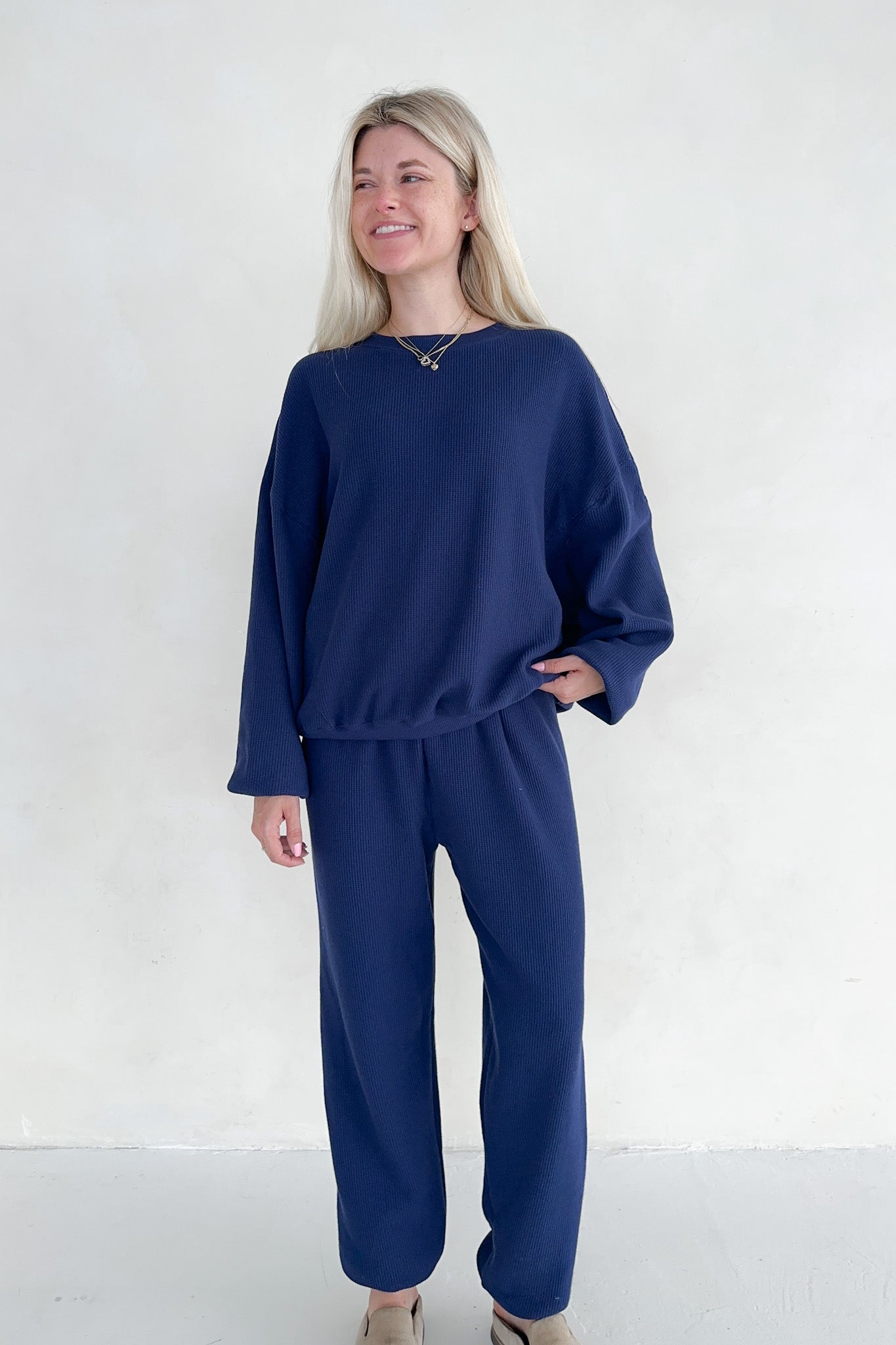 Sundays Waffle Knit Sweatshirt in Blueberry Latte - Neutral Ground