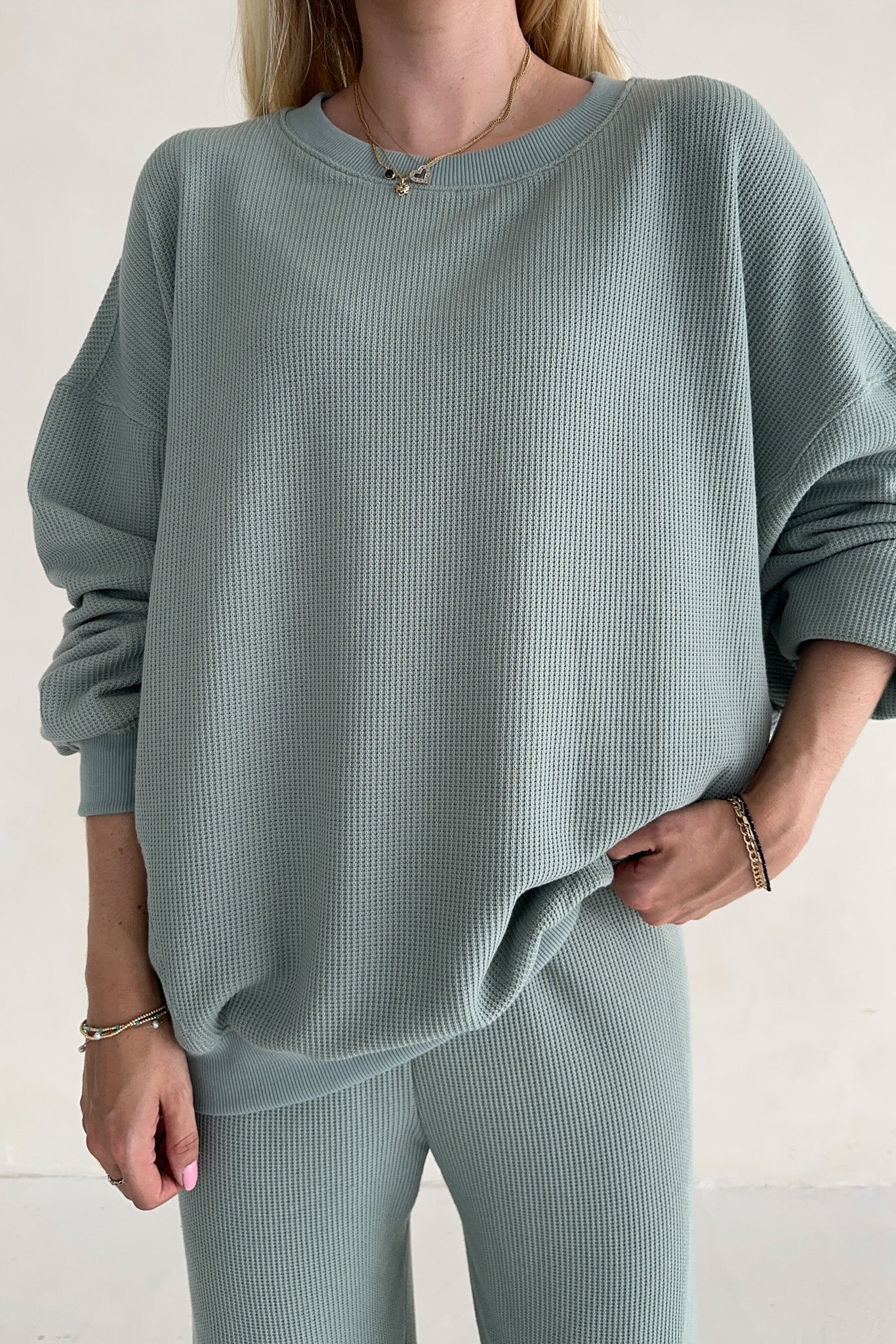 Sundays Waffle Knit Sweatshirt in Pistachio - Neutral Ground