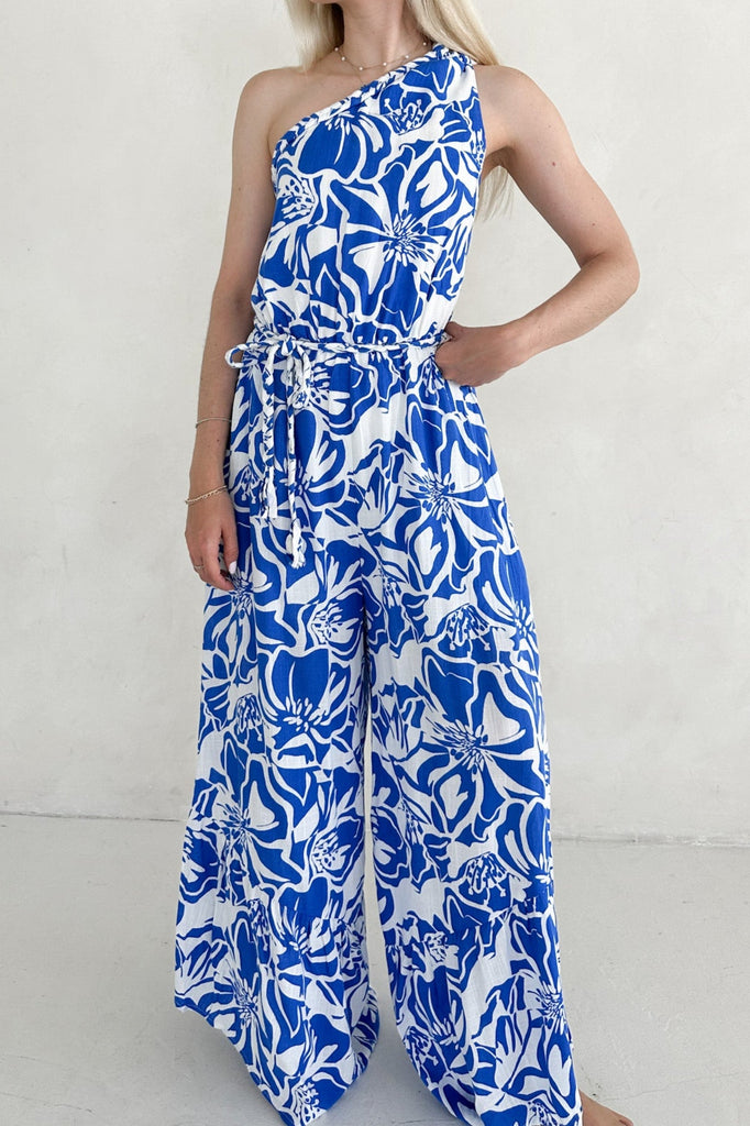 Surfs Up Printed One Shoulder Jumpsuit - Neutral Ground