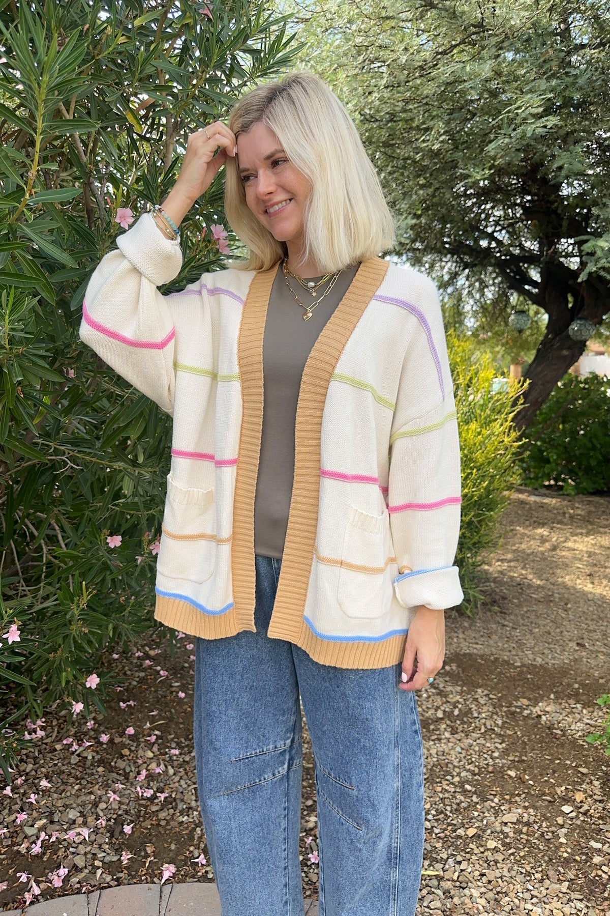 Sweet Escape Rainbow Striped Open Front Knit Cardigan - Neutral Ground