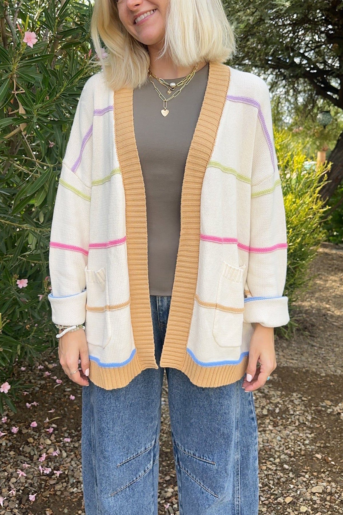 Sweet Escape Rainbow Striped Open Front Knit Cardigan - Neutral Ground