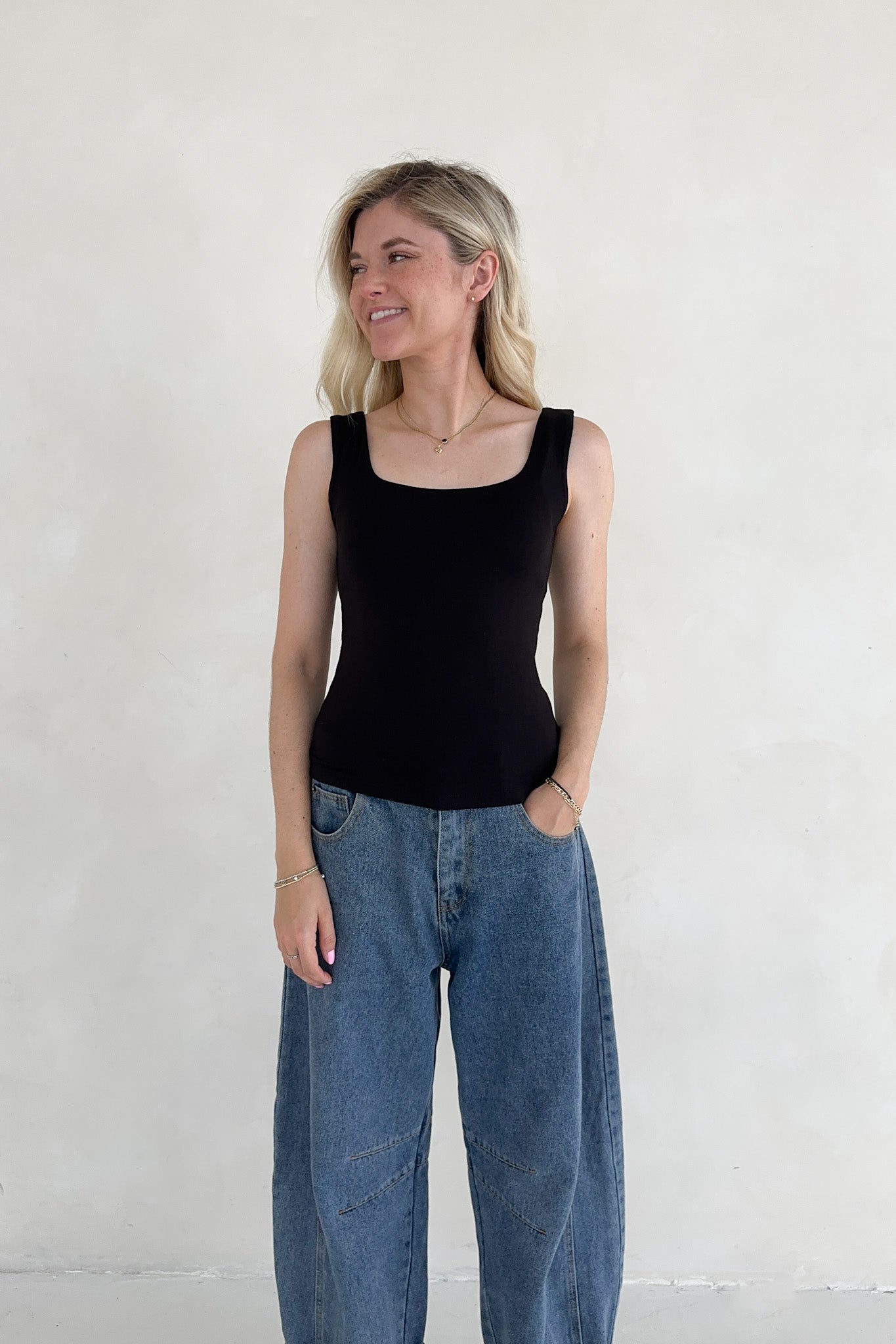 Taylor Double Layer Square Neck Tank Top in Black - Neutral Ground