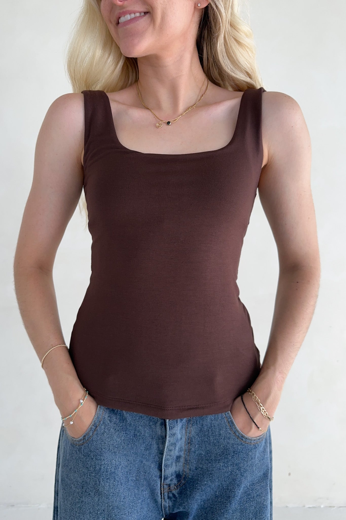 Taylor Double Layer Square Neck Tank Top in Chocolate - Neutral Ground
