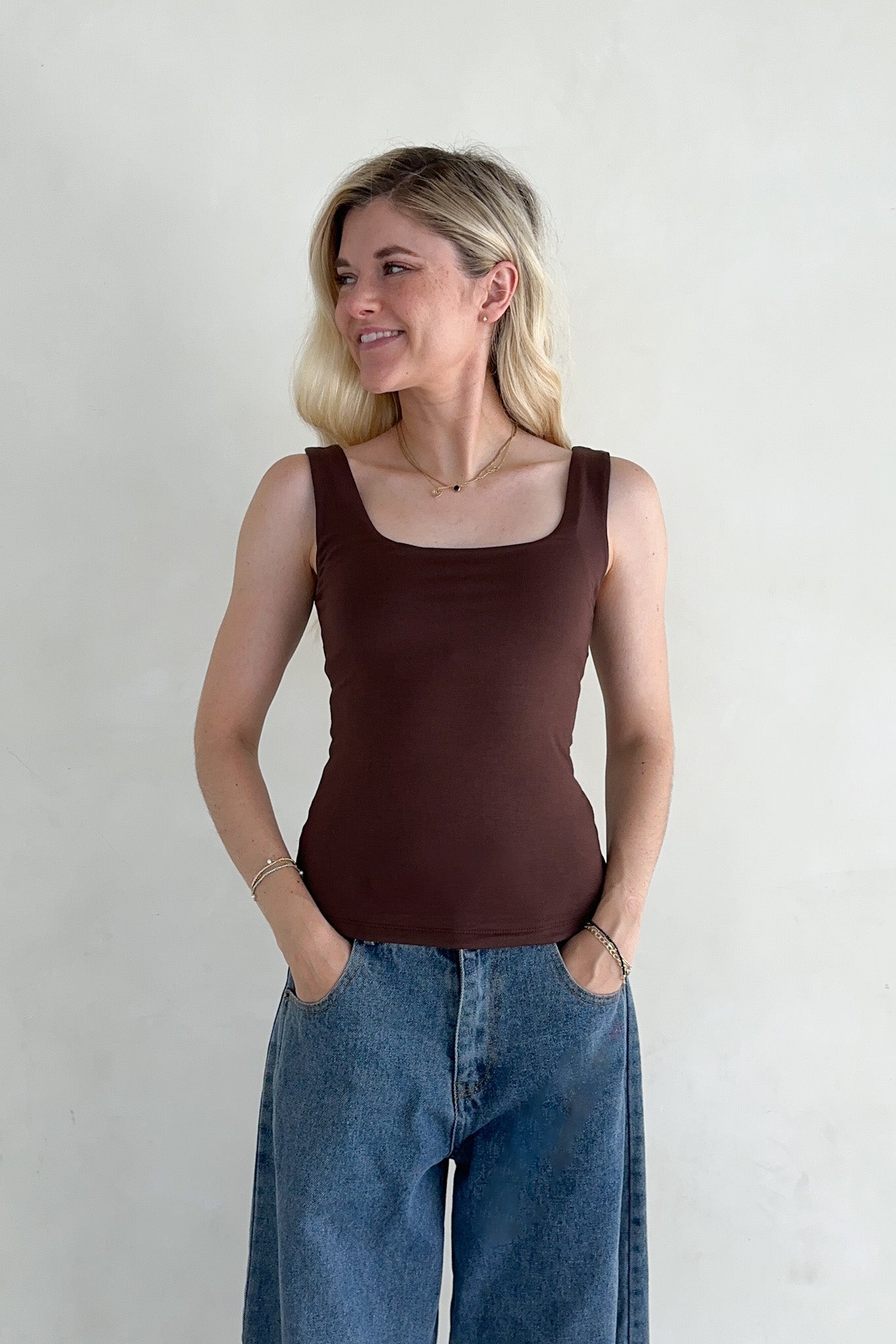 Taylor Double Layer Square Neck Tank Top in Chocolate - Neutral Ground