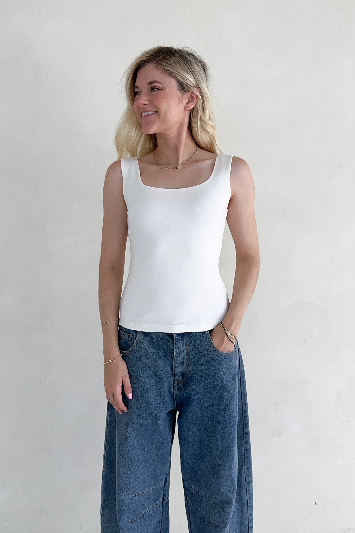 Taylor Double Layer Square Neck Tank Top in White - Neutral Ground