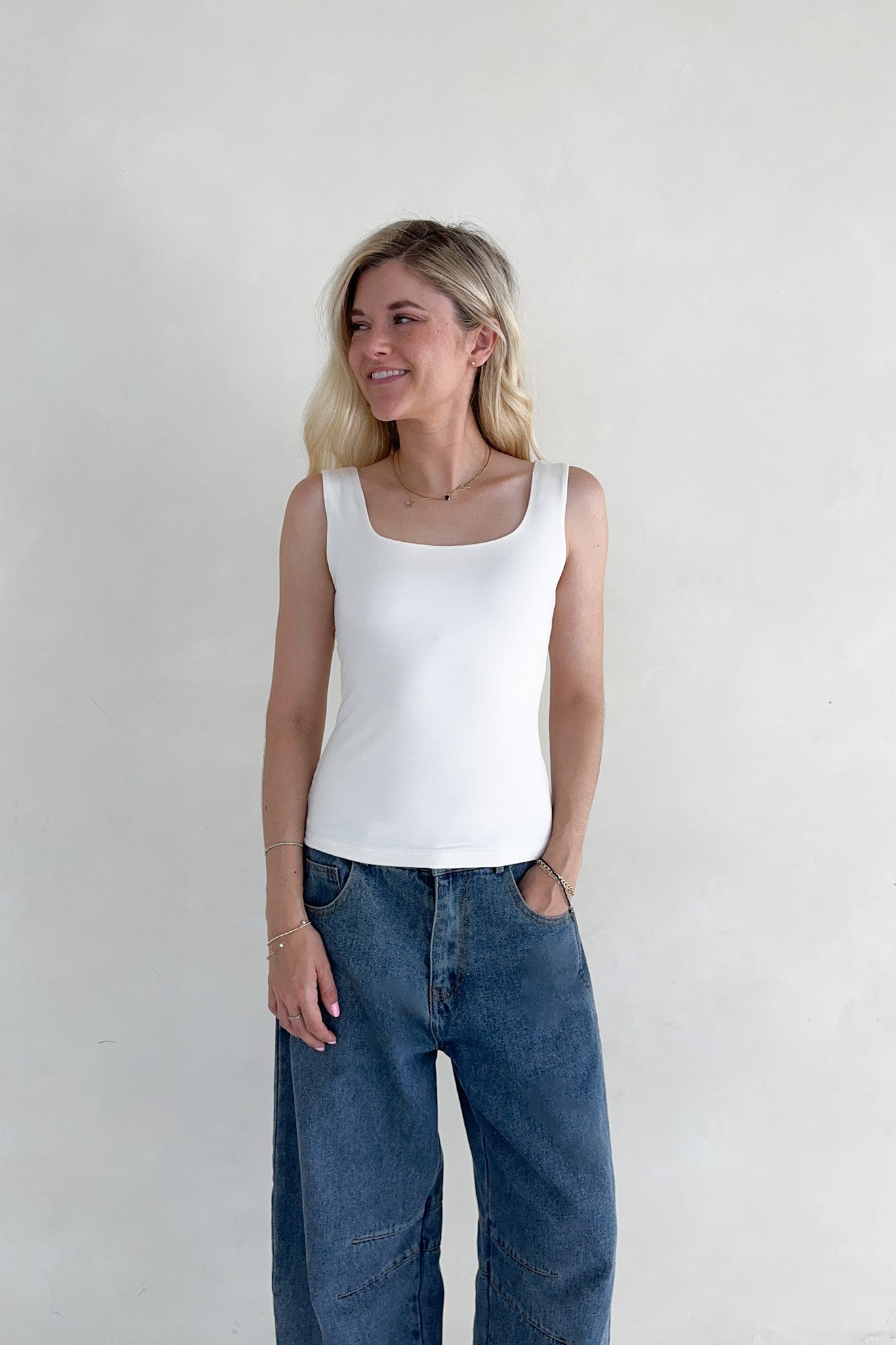 Taylor Double Layer Square Neck Tank Top in White - Neutral Ground