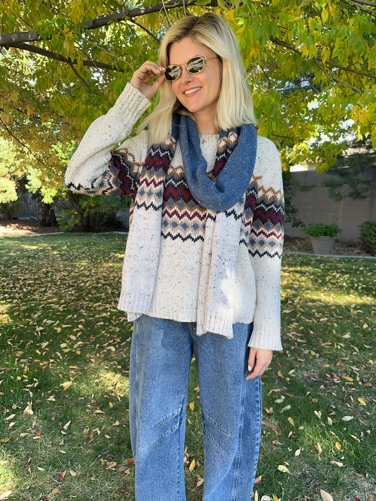 The Highlands Fair Isle Knit Scarf Maroon & Blue - Neutral Ground