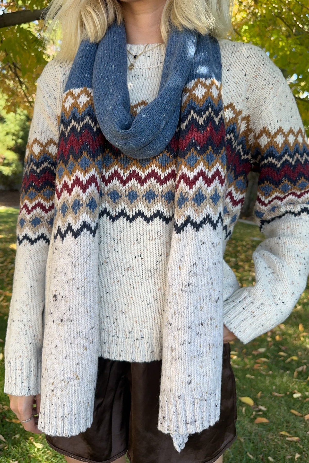 The Highlands Fair Isle Knit Scarf Maroon & Blue - Neutral Ground