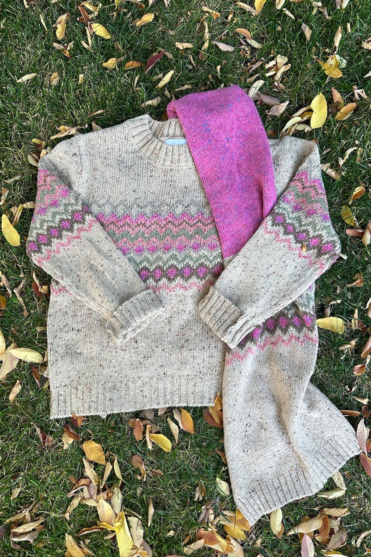 The Highlands Faire Isle Knit Pullover Sweater in Pink & Oatmeal - Neutral Ground